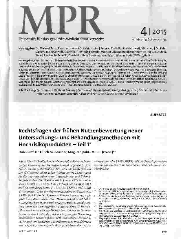 Vorschauseite 1: Rechtsfragen der frühen Nutzenbewertung neuer Untersuchungsund Behandlungsmethoden mit Hochrisikoprodukten -Teil 1