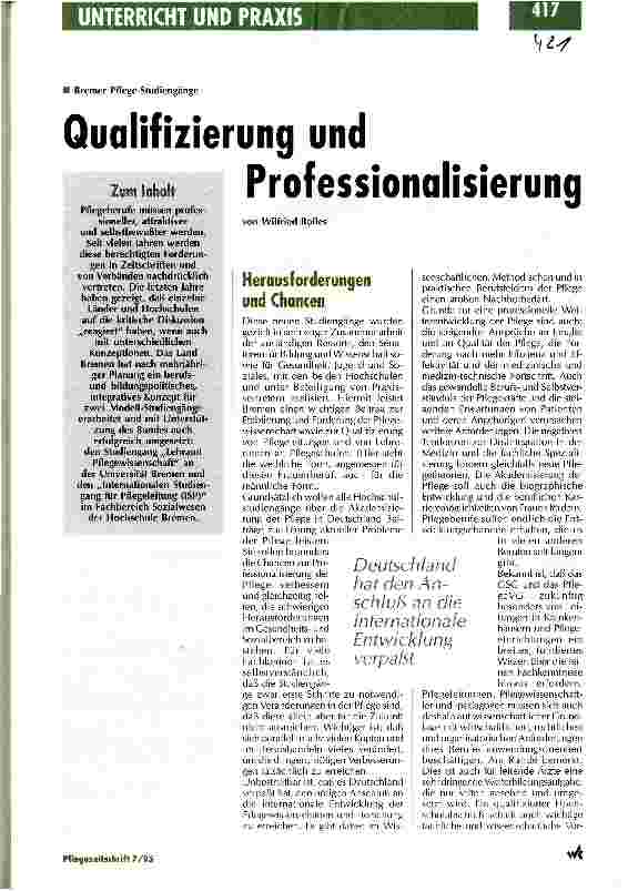 Vorschauseite 1: Qualifizierung und Professionalisierung Bremer Pflege-Studiengänge