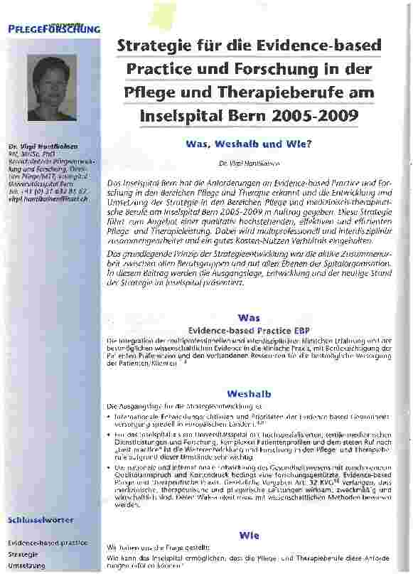 Vorschauseite 1: Strategie für die Evidence-based Practice und Forschung in der Pflege und Therapieberufe am Inselspital Bern 2005-2009
