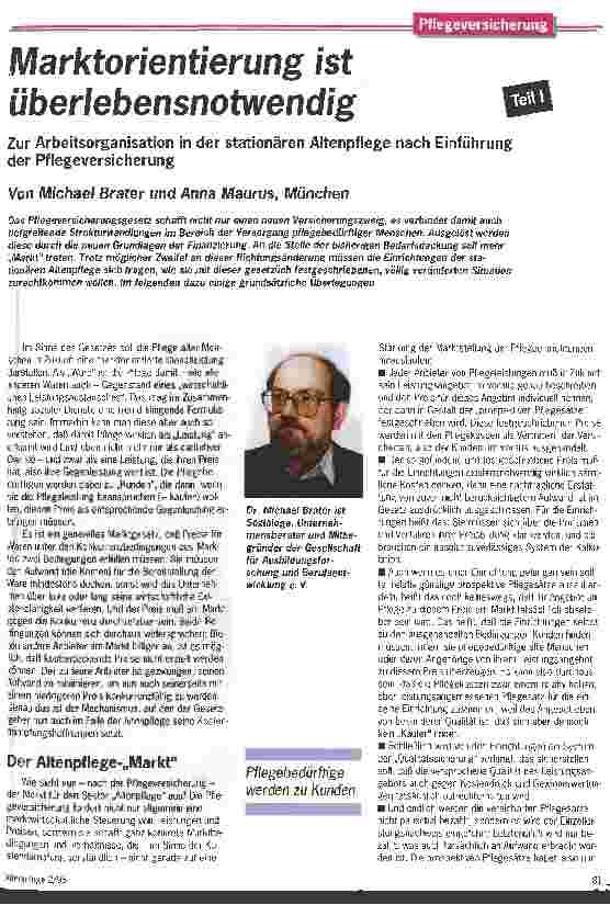 Vorschauseite 1: Marktorientierung ist überlebensnotwendig Zur Arbeitsorganisation in der stationären Altenpflege nach Einführung der PV