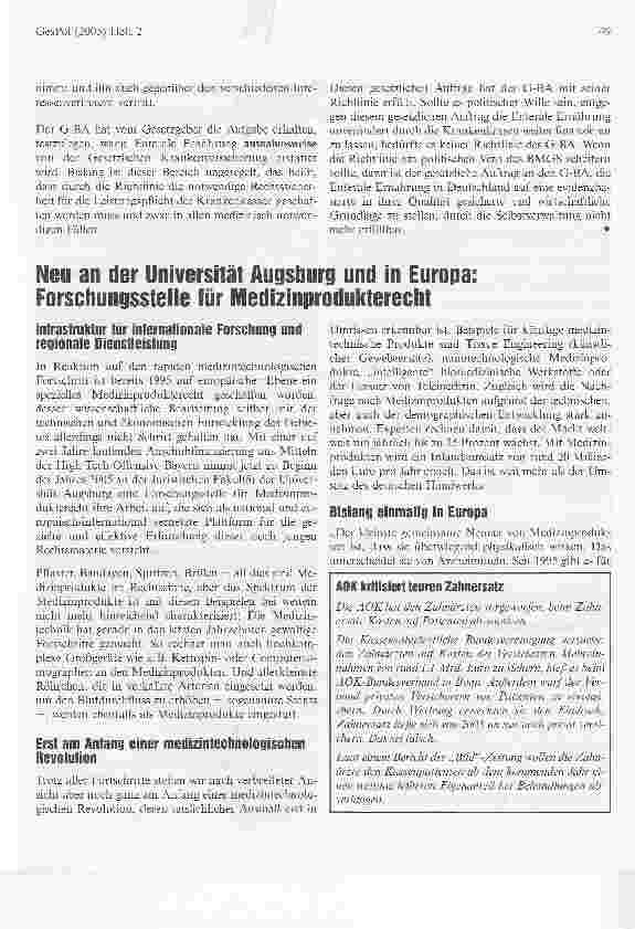 Vorschauseite 1: Neu an der Universität Augsburg und in Europa: Forschungsstelle für MedizinprodukterechtInfrastruktur für internationale Forschung und regionale Dienstleistung