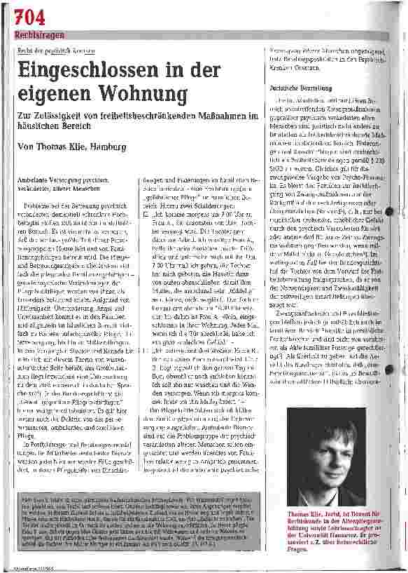 Vorschauseite 1: Eingeschlossen in der eigenen Wohnung - Zur Zulässigkeit von freifreiheitsbeschränkenden Maßnahmen im häuslichen Bereich