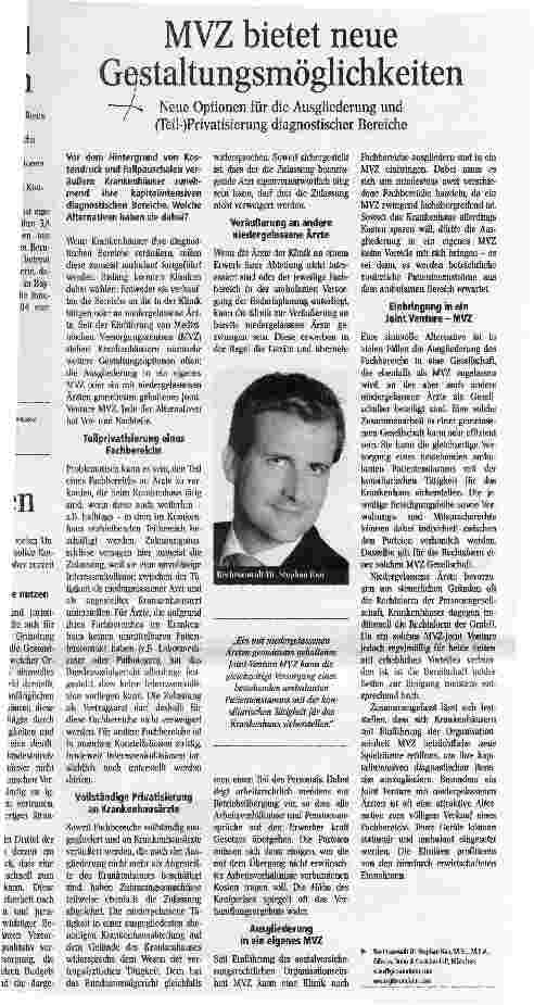 Vorschauseite 1: MVZ bietet neue Gestaltungsmöglichkeiten Neue Optionen für die Ausgliederung und (Teil-)Privatisierung diagnostischer Bereiche
