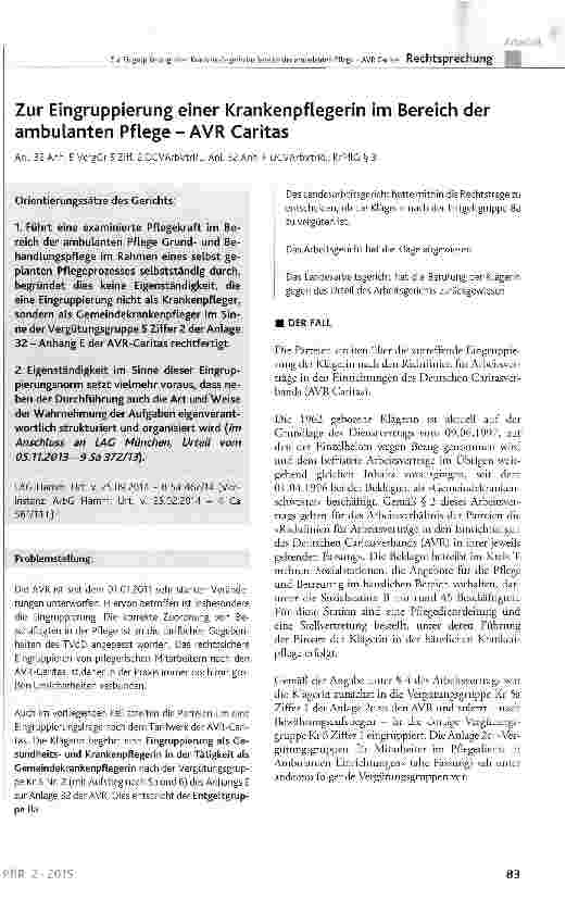 Vorschauseite 1: Zur Eingruppierung einer Krankenpflegerin im Bereich der ambulanten Pflege - AVR CaritasAnl. 32 Anh. E VergCr 5 Ziff. 2 DCVArbVtrRL, Anl. 32 Anh. F DCVArbVtrRL; KrPflG § 3