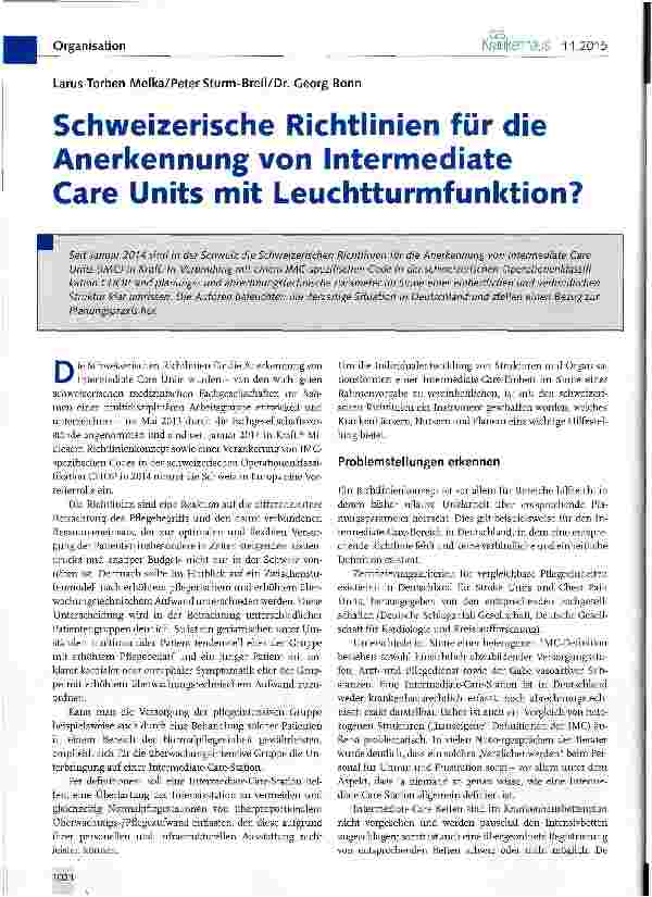 Vorschauseite 1: Schweizerische Richtlinien für die Anerkennung von Intermediate Care Units mit Leuchtturmfunktion?