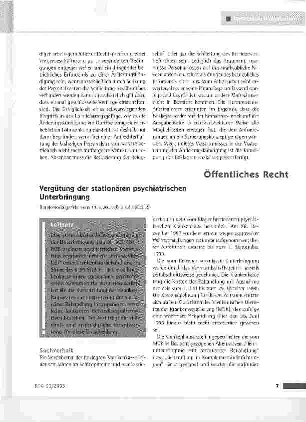Vorschauseite 1: Vergütung der stationären psychiatrischen UnterbringungBundessozialgericht vom 13.5.2004 (B 3 KR 18/03 R)