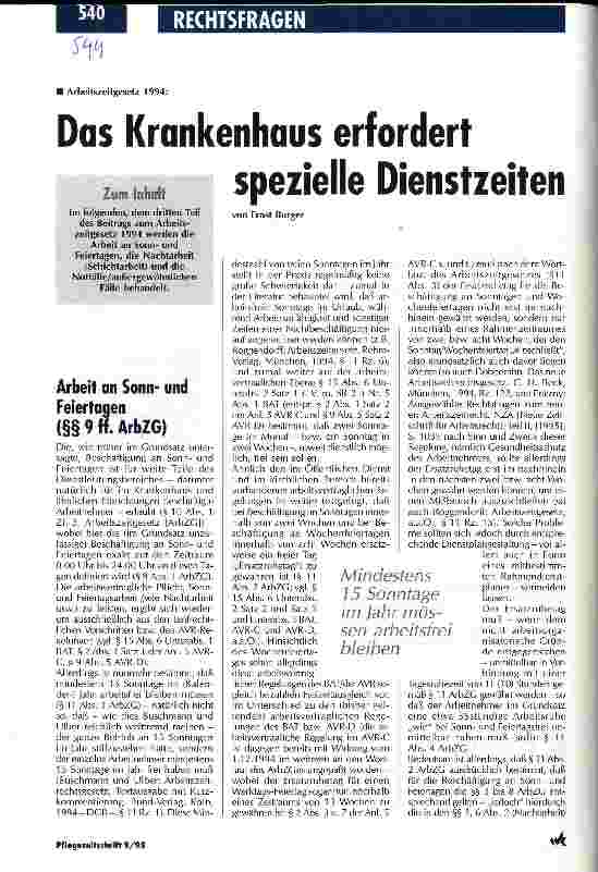 Vorschauseite 1: Das Krankenhaus erfordert spezielle Dienstzeiten Arbeitszeitgesetz 1994