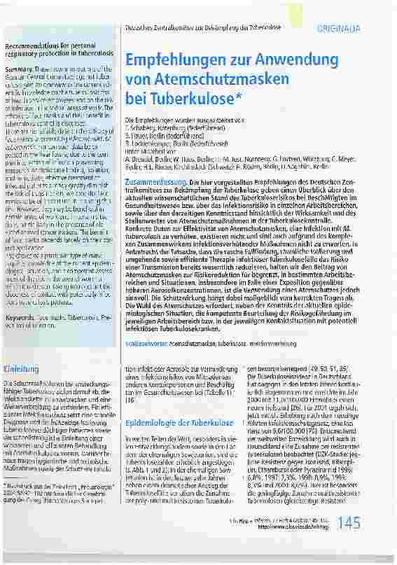 Vorschauseite 1: Empfehlungen zur Anwendung von Atemschutzmasken bei Tuberkulose*
