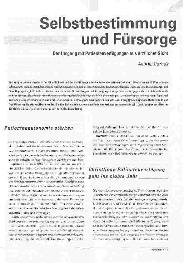 Vorschauseite 1: Selbstbestimmung und FürsorgeDer Umgang mit Patientenverfügungen aus ärztlicher Sicht
