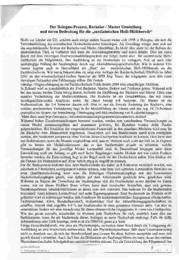 Vorschauseite 1: Der Bologna-Prozess, Bachelor / Master Umstellung und deren Bedeutung für die medizinischen Heil-/Hilfsberufe