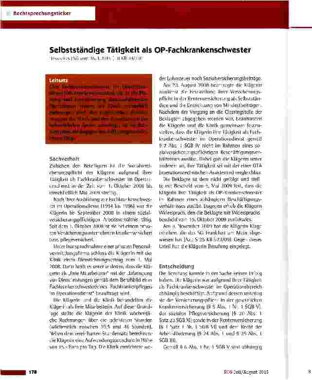 Vorschauseite 1: Sclbstständige Tätigkeit als OP-Fachkrankenschwester Hessisches LSG vom 26.3.201 5 (L 8 KR 84/13)