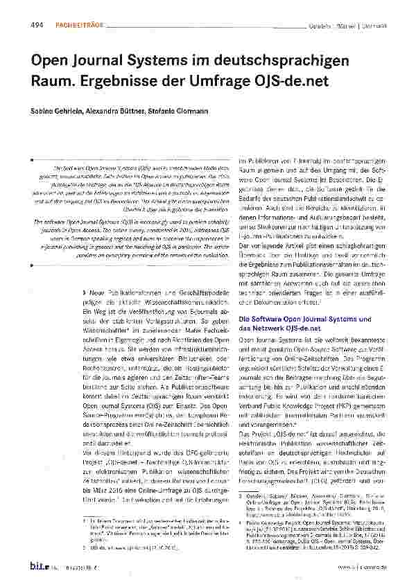 Vorschauseite 1: Open Journal Systems im deutschsprachigen Raum. Ergebnisse der Umfrage OJS-de.net