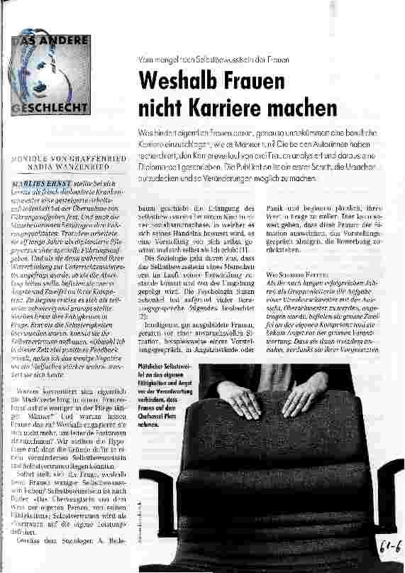 Vorschauseite 1: Weshalb Frauen nicht Karriere machen Vom mangelnden Selbstbewußtsein der Frauen