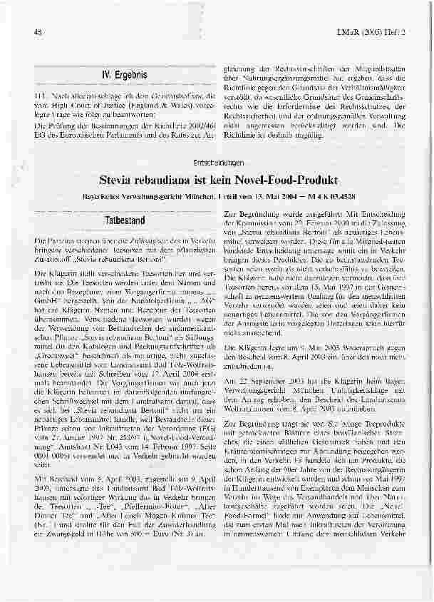 Vorschauseite 1: Stevia rebaudiana ist kein Novel-Food-Produkt