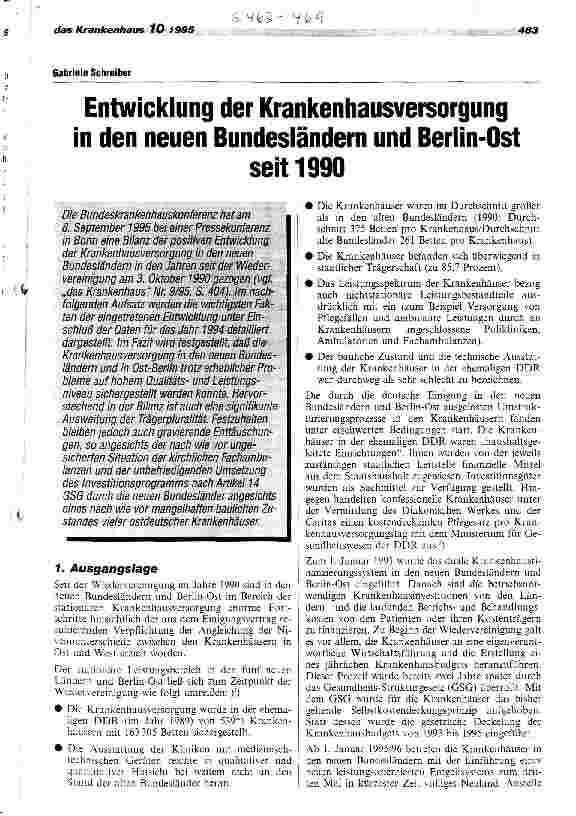 Vorschauseite 1: Entwicklung der Krankenhausversorgung in den neuen Bundesländern und Berlin-Ost seit 1990