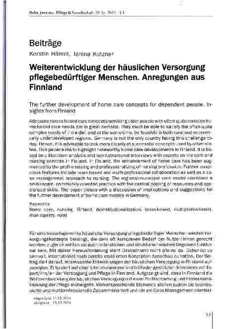 Vorschauseite 1: Weiterentwicklung der häuslichen Versorgung pflegebedürftiger Menschen. Anregungen aus Finnland