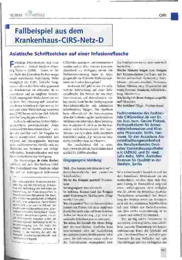 Vorschauseite 1: Fallbeispiel aus dem Krankenhaus-CIRS-Netz-D