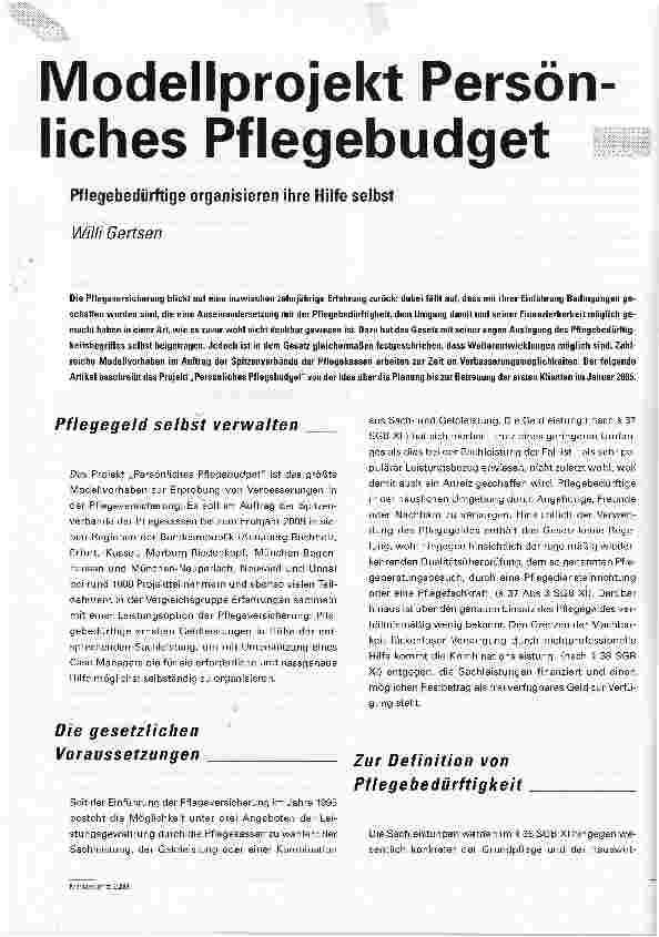 Vorschauseite 1: Modellprojekt Persönliches Pflegebudget Pflegebedürftige organisieren ihre Hilfe selbst