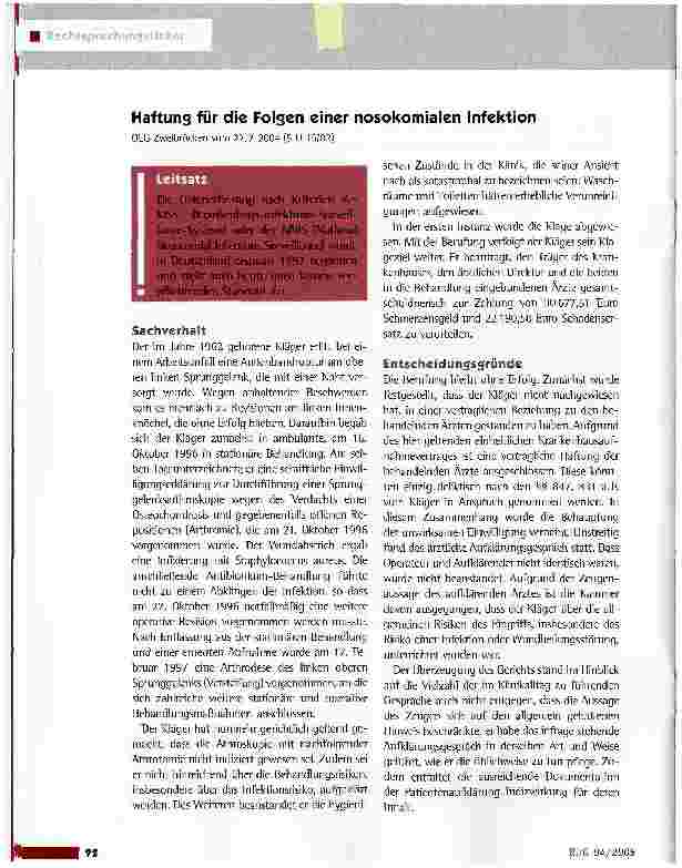 Vorschauseite 1: Haftung für die Folgen einer nosokomialen InfektionOLG Zweibrücken vom 27.7.2004 (5 U 15/02)