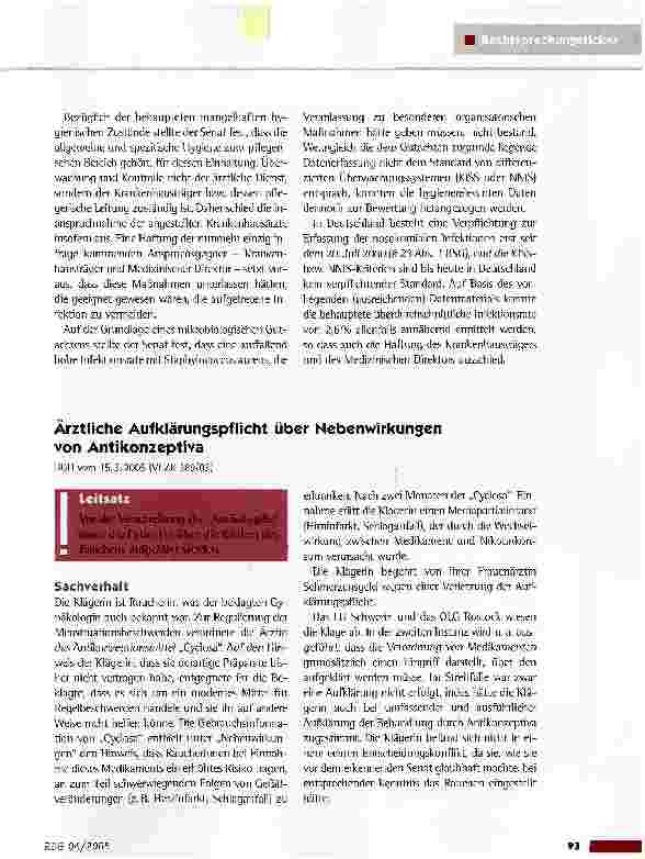 Vorschauseite 2: Haftung für die Folgen einer nosokomialen InfektionOLG Zweibrücken vom 27.7.2004 (5 U 15/02)