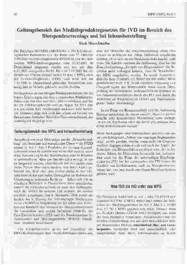 Vorschauseite 1: Geltungsbereich des Medizinproduktegesetzes für IVD im Bereich des Blutspendescreenings und bei Inhausherstellung