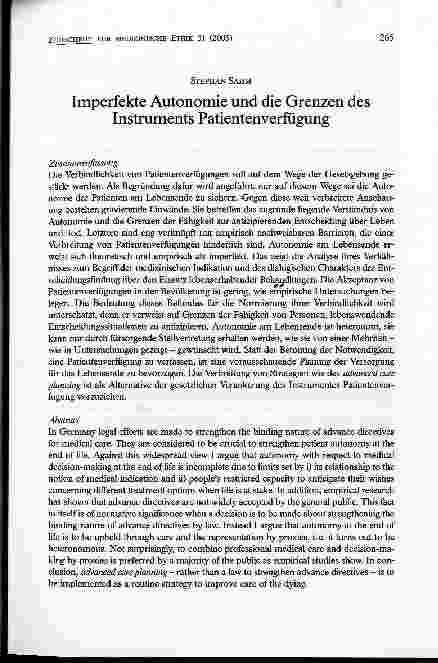 Vorschauseite 1: Imperfekte Autonomie und die Grenzen des Instruments Patientenverfügung