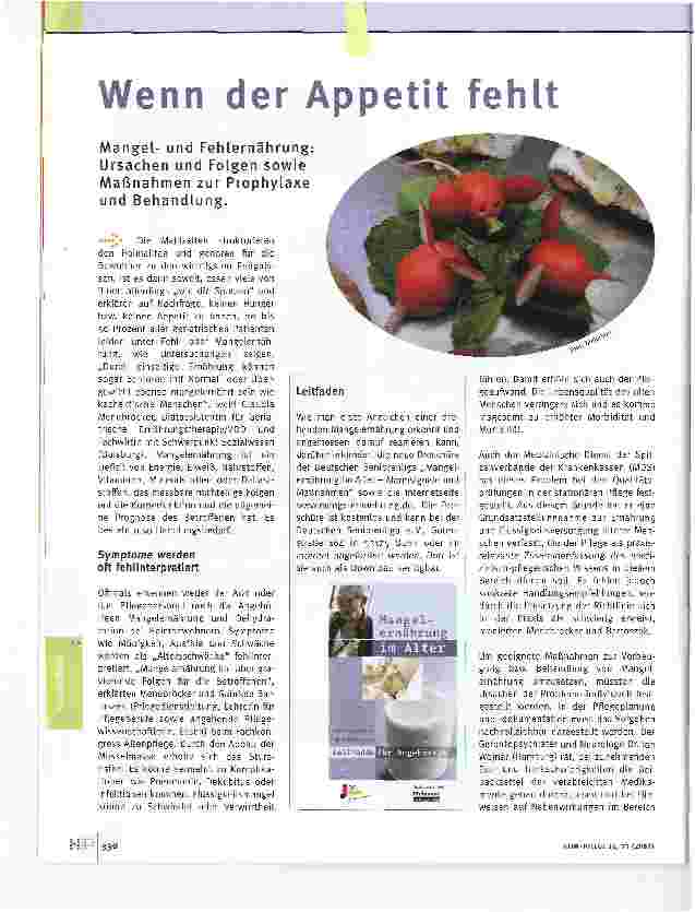 Vorschauseite 1: Wenn der Appetit fehltMangelund Fehlernährung: Ursachen und Folgen sowie Maßnahmen zur Prophylaxe und Behandlung.