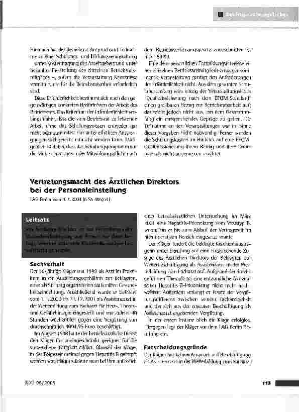 Vorschauseite 1: Vertretungsmacht des Ärztlichen Direktors bei der Personaleinstellung