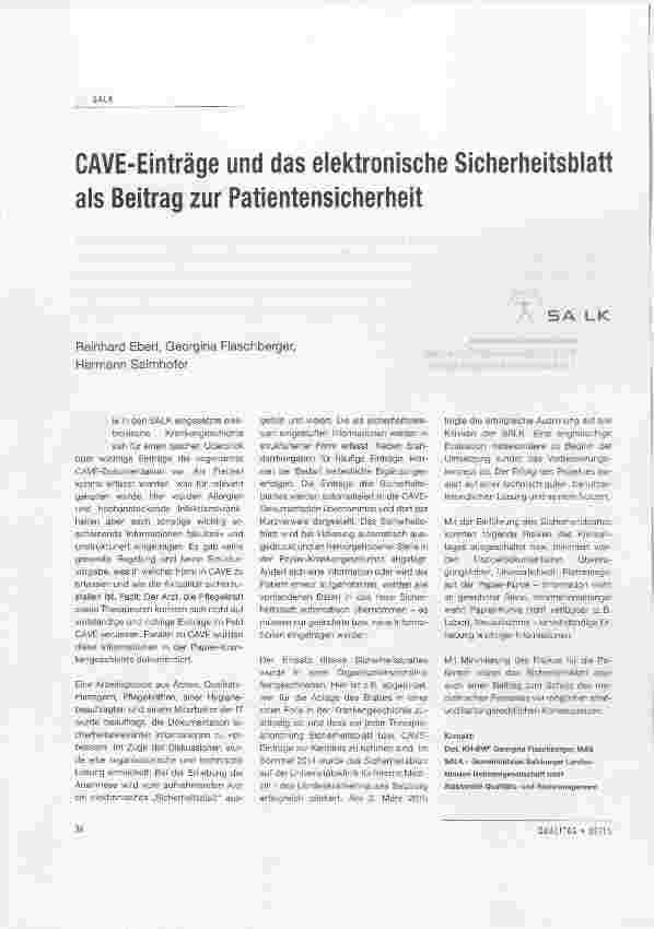 Vorschauseite 1: CAVE-Einträge und das elektronische Sicherheitsblatt als Beitrag zur Patientensicherheit