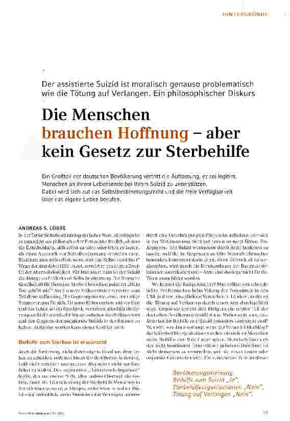 Vorschauseite 1: Die Menschen brauchen Hoffnung - aber kein Gesetz zur Sterbehilfe