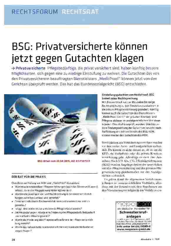 Vorschauseite 1: BSC: Privatversicherte können jetzt gegen Cutachten klagen