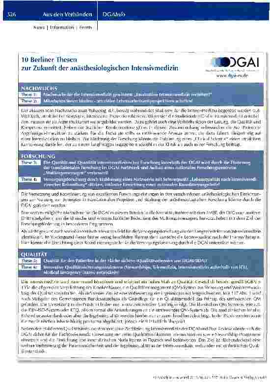 Vorschauseite 2: Die Zukunft der anästhesiologischen Intensivmedizin 10 Berliner Thesen der Deutschen Gesellschaft für Anästhesiologie und Intensivmedizin