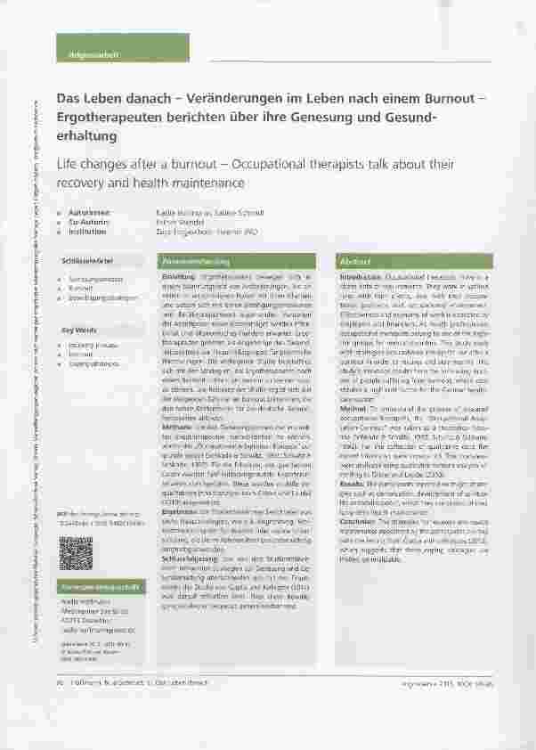 Vorschauseite 1: Das Leben danach Veränderungen im Leben nach einem Burnout Ergotherapeuten berichten über ihre Genesung und Gesunderhaltung