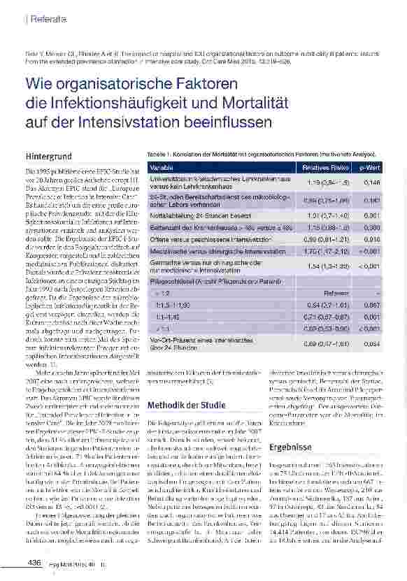 Vorschauseite 1: Wie organisatorische Faktoren die Infektionshäufigkeit und Mortalität auf der Intensivstation beeinflussen