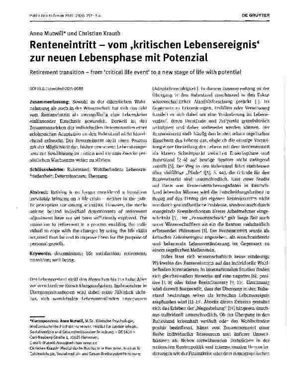 Vorschauseite 1: Renteneintritt - vom »kritischen Lebensereignis zur neuen Lebensphase mit Potenzial