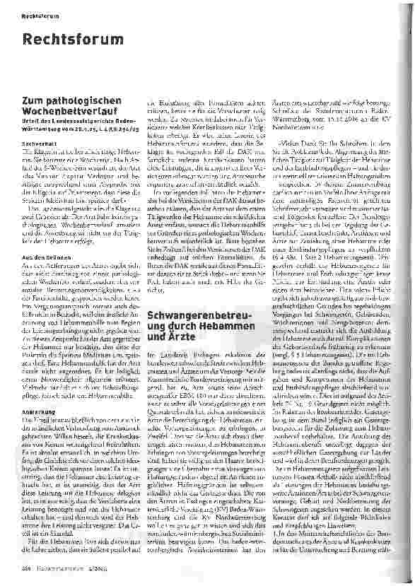 Vorschauseite 1: Rechtsforum - Zum pathologischen Wochenbettverlauf