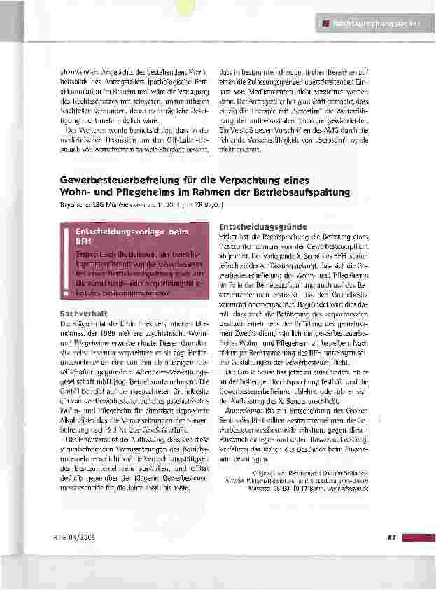 Vorschauseite 1: Gewerbesteuerbefreiung für die Verpachtung eines Wohnund Pflegeheims im Rahmen der BetriebsaufspaltungBayerisches LSG München vom 25. 11. 2004 (L 4 KR 97/03]