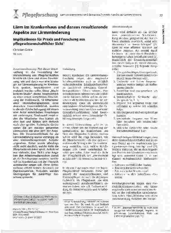 Vorschauseite 1: Lärm im Krankenhaus und daraus resultierende Aspekte zur LärmminderungImplikationen für Praxis und Forschung aus pflegewissenschaftlicher Sicht