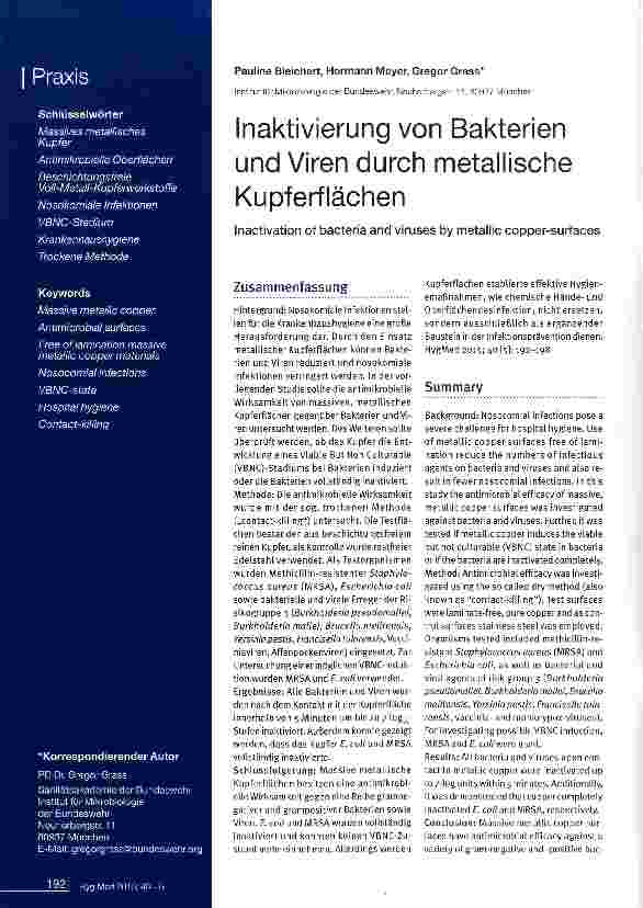 Vorschauseite 1: Inaktivierung von Bakterien und Viren durch metallische Kupferflächen