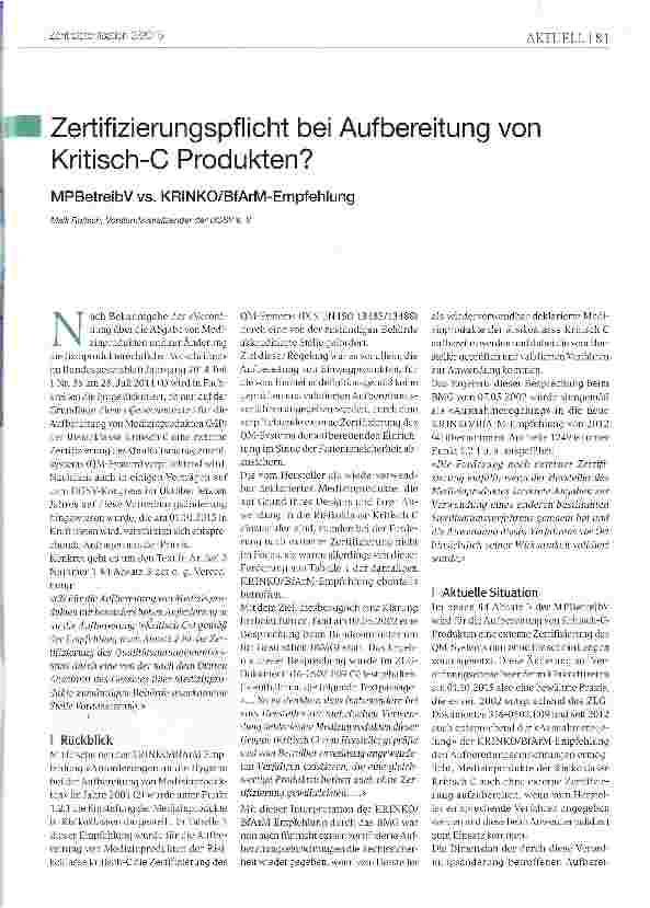 Vorschauseite 1: Zertifizierungspflicht bei Aufbereitung von Kritisch-C Produkten?