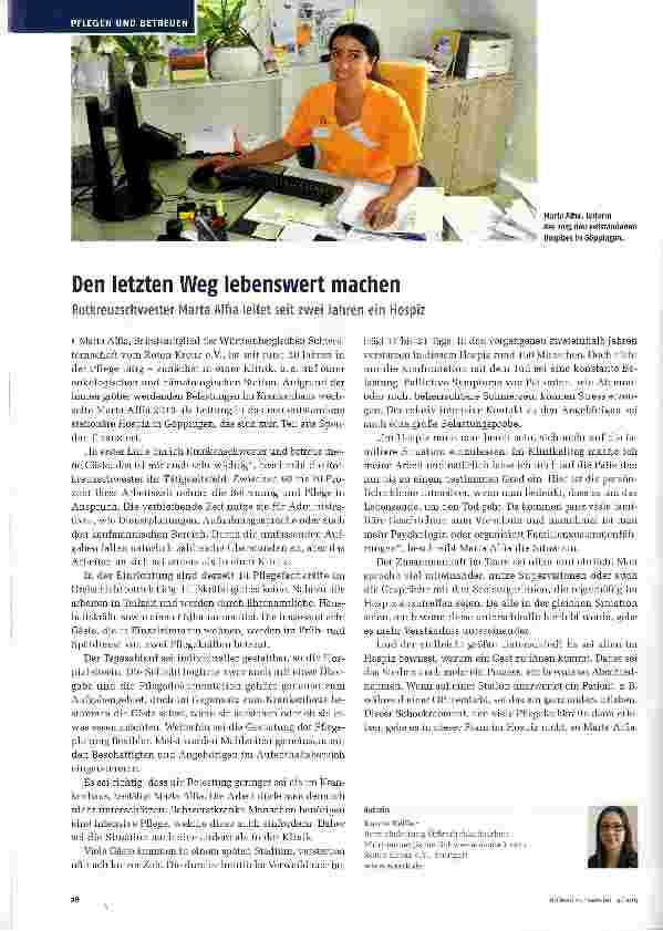 Vorschauseite 1: Den letzten Weg lebenswert machen Rotkreuzschwester Marta Alfia leitet seit zwei Jahren ein Hospiz