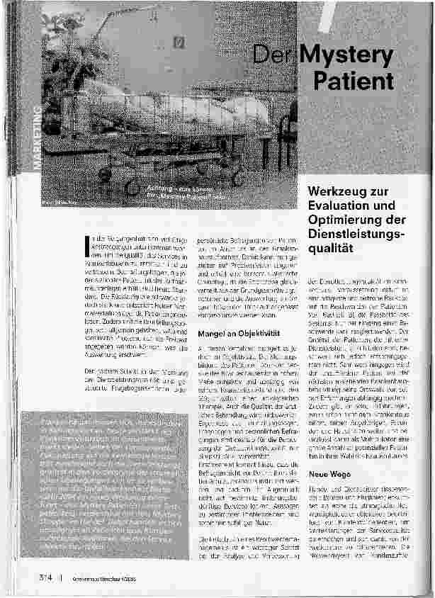 Vorschauseite 1: Der Mystery Patient. Werkzeug zur Evaluation und Optimierung der Dienstleistungsqualität