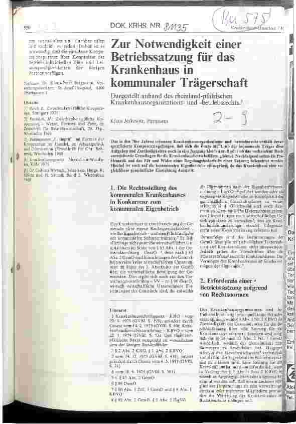 Vorschauseite 1: Zur Notwendigkeit einer Betriebssatzung für das Krankenhaus in kommunaler Trägerschaft