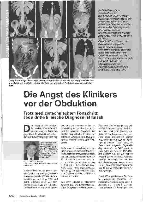 Vorschauseite 1: Die Angst des Klinikers vor der ObduktionTrotz medizintechnischem Fortschritt: Jede dritte klinische Diagnose ist falsch