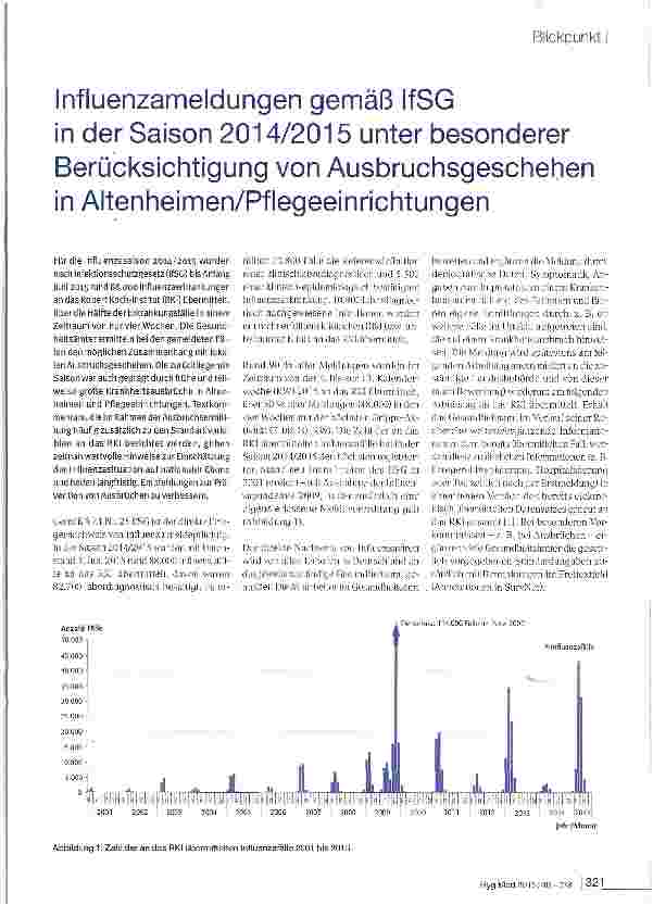 Vorschauseite 1: Influenzameldungen gemäß IfSG in der Saison 2014/2015 unter besonderer Berücksichtigung von Ausbruchsgeschehen in Altenheimen/Pflegeeinrichtungen