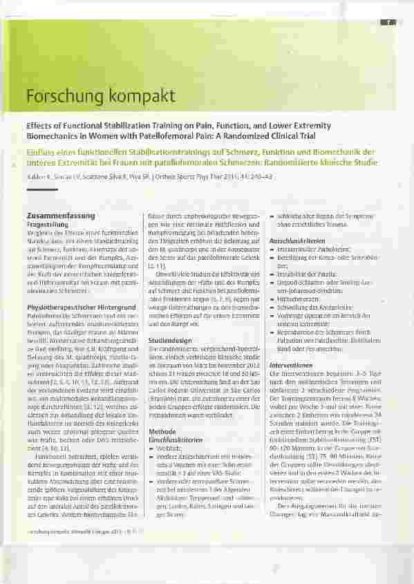 Vorschauseite 1: Einfluss eines funktionellen Stabilisationstrainings auf Schmerz, Funktion und Biomechanik der unteren Extremität bei Frauen mit patellofemoralen Schmerzen: Randomisierte klinisch…