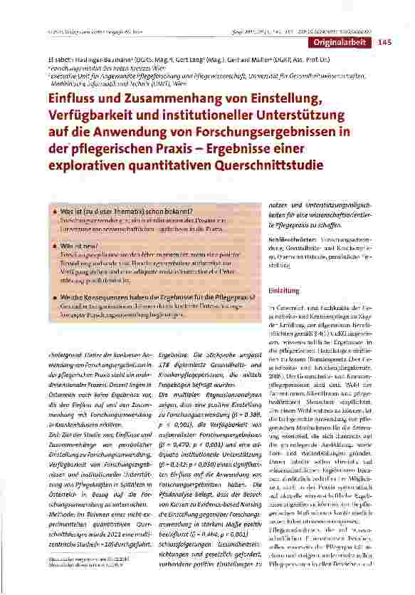 Vorschauseite 1: Einfluss und Zusammenhang von Einstellung, Verfügbarkeit und institutioneller Unterstützung auf die Anwendung von Forschungsergebnissen in der pflegerischen Praxis - Ergebnisse ei…