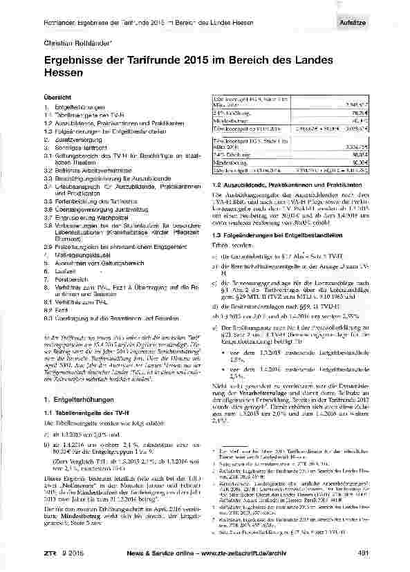 Vorschauseite 1: Ergebnisse der Tarif runde 2015 im Bereich des Landes Hessen