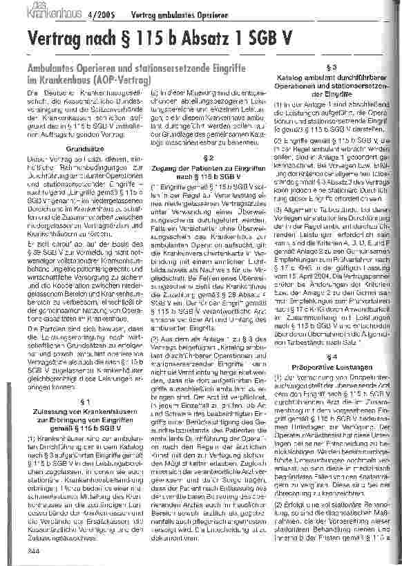 Vorschauseite 1: Ambulantes Operieren und Stationsersetzende Eingriffe im Krankenhaus (AOP-Yertrag)