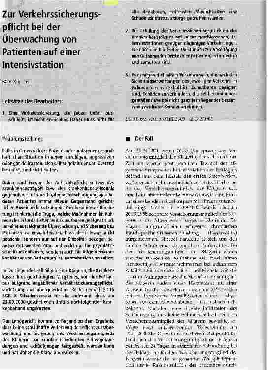 Vorschauseite 1: Zur Verkehrssicherungspflicht bei der Überwachung von Patienten auf einer Intensivstation